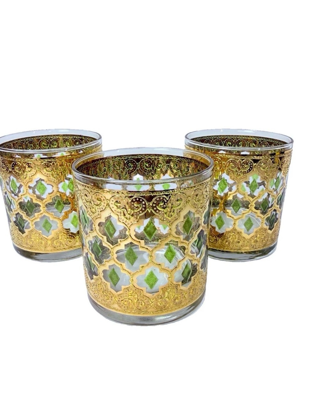 Vintage 3 Culver Valencia 22K Gold and Green Lowball Mid-Century Glassware
